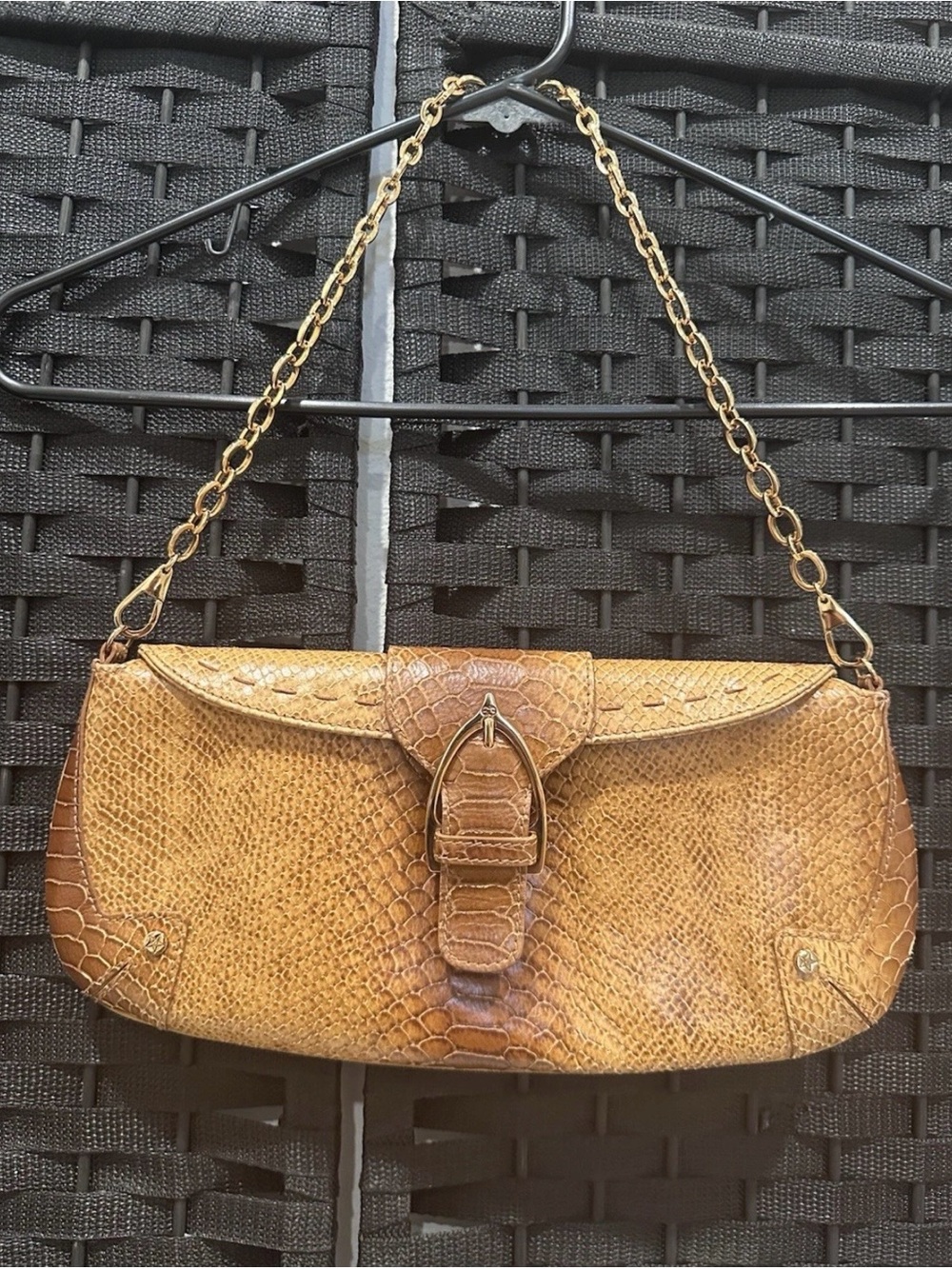 Escada Croc-Embossed Tan Leather Chain Shoulder Bag